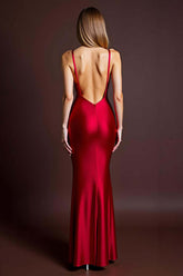 Red Prom Dress Satin Spaghetti Straps Sheath Long Formal Dress With Slit